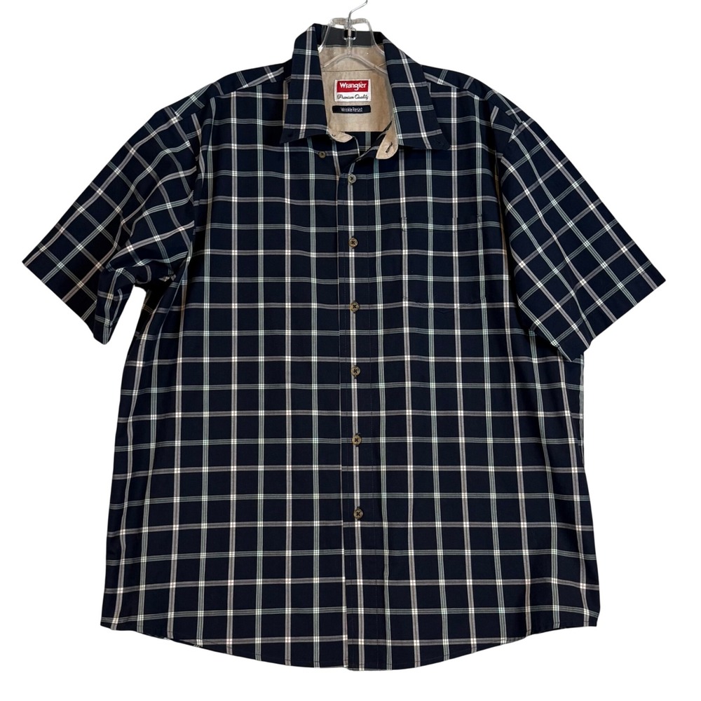 Wrangler Premium Mens Navy Blue Plaid Short Sleeve Shirt L Casual Dadcore Prep